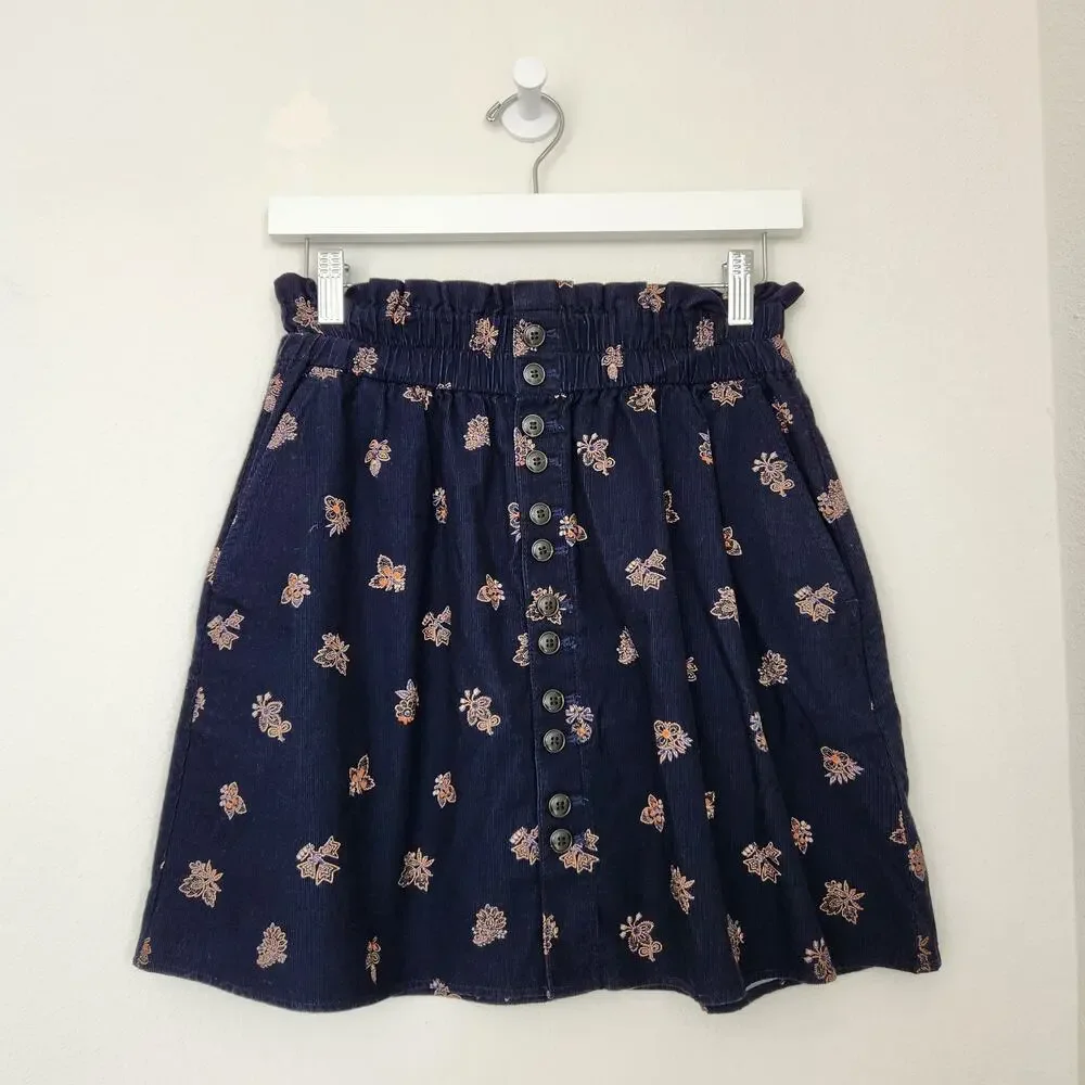 Madewell Navy Blue Boho Floral Corduroy Button Front Mini Skirt XS